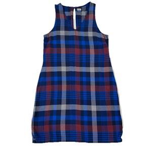 Kavu Womens Dress Blue Red Plaid Sleeveless V-Neck Rayon LARGE Open Back Summer